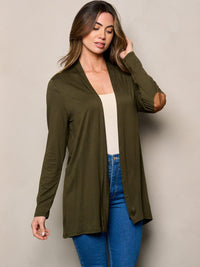 WOMEN'S LONG SLEEVE ELBOW PATCHED OPEN FRONT SOLID CARDIGAN