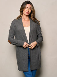 WOMEN'S LONG SLEEVE ELBOW PATCHED OPEN FRONT WAFFLE CARDIGAN