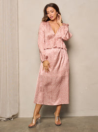 WOMEN'S LONG SLEEVE V-NECK ANIMAL PREINT MIDI DRESS