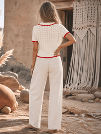 WOMEN'S SHORT SLEEVE BUTTON UP FRONT POCKETS CROCHET COLORBLOCK BLOUSE