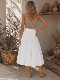 WOMEN'S ELASTIC WAIST BUTTON UP FRONT POCKETS DENIM MIDI SKIRT
