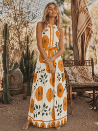 WOMEN'S SLEEVELESS HALTER NECK SELF TIE FLORAL PRINT MAXI DRESS