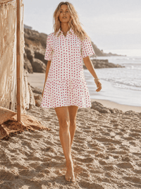 WOMEN'S SHORT SLEEVE BUTTON UP LOOSE FIT PRINT MINI DRESS