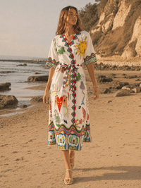 WOMEN'S SHORT SLEEVE SELF TIE WRAP MULTI PRINT MAXI DRESS