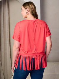 PLUS SIZE SHORT SLEEVE FRINGE BOTTOM HEM TUNIC TOP