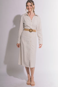 WOMEN'S LONG SLEEVE BUTTON UP BELTED FRONT POCKETS LINEN MIDI DRESS