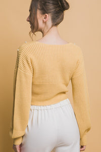 WOMEN'S LONG SLEEVE V-NECK SURPLICE PEARL RIBBED CROP TOP