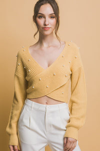 WOMEN'S LONG SLEEVE V-NECK SURPLICE PEARL RIBBED CROP TOP