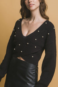 WOMEN'S LONG SLEEVE V-NECK SURPLICE PEARL RIBBED CROP TOP