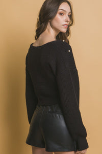 WOMEN'S LONG SLEEVE V-NECK SURPLICE PEARL RIBBED CROP TOP