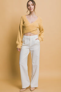 WOMEN'S LONG SLEEVE V-NECK SURPLICE PEARL RIBBED CROP TOP