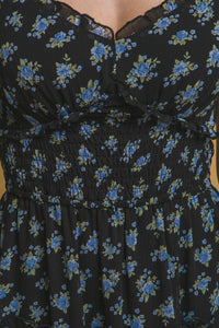 WOMEN'S SHORT SLEEVES SMOCK WAIST FIT & FLARE FLORAL MINI DRESS