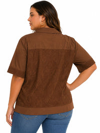 PLUS SIZE SHORT SLEEVE BUTTON UP FLORAL LACE DETAILED BLOUSE