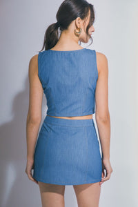 WOMEN'S SLEEVELESS ZIP UP TOP & ZIP UP MINI SKIRT CHAMBRAY 2PC. SET