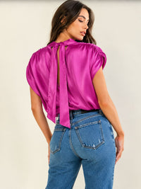 WOMEN'S SHOULDER PADDING MOCK NECK OPEN BACK SATIN BODYSUIT