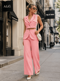 WOMEN'S SLEEVELESS BUTTON CLOSURE BLOUSE & BUTTON CLOSURE POCKETS WIDE LEG PANTS 2PC. SET