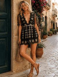 WOMEN'S SHORT SLEEVE V-NECK EMBROIDERY MESH ROMPER