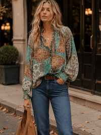 ENTRO WOMEN'S LONG SLEEVE V-NECK BUTTON UP MULTI PRINT BLOUSE