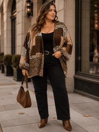 PLUS SIZE LONG SLEEVE OPEN FRONT ANIMAL PRINT CARDIGAN