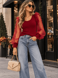 ENTRO WOMEN'S LONG SLEEVE RUFFLE MESH CONTRAST BLOUSE