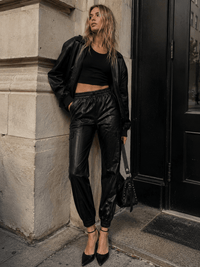 WOMEN'S ELASTIC WAIST CARGO POCKETS PU PLEATHER JOGGER LEG PANTS