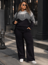 PLUS SIZE LONG SLEEVE HOODED SWEATER & ELASTIC WAIST WIDE LEG PANTS COLORBLOCK 2PC. SET