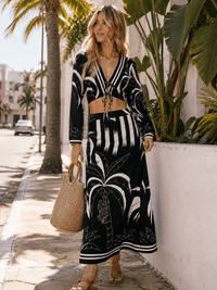 WOMEN'S LONG SLEEVE CROP TOP & ELASTIC WAIST MAXI SKIRTS PRINT 2PC. SET