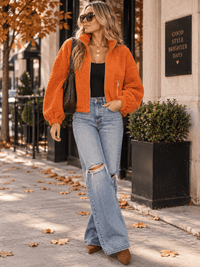 WOMEN'S LONG SLEEVE ZIP UP FRONT POCKETS SHERPA JACKET