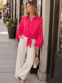 WOMEN'S LONG BALLOON SLEEVE BUTTON UP FRONT POCKETS BLOUSE