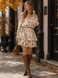 WOMEN'S LONG SLEEVE SURPLICE SMOCK WAIST TIERED FLORAL MINI DRESS
