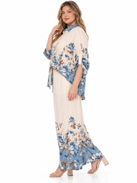 PLUS SIZE 3/4 SLEEVE BUTTON UP BLOUSE & ELASTIC WAIST WIDE LEG PANTS FLORAL 2PC. SET