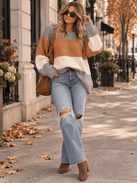 WOMEN'S LONG SLEEVE KNIT COLORBLOCK PULLOVER SWEATER