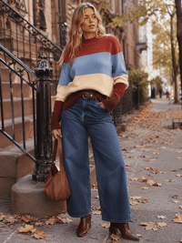 WOMEN'S LONG SLEEVE MOCK NECK COLORBLOCK STRIPES PULLOVER SWEATER