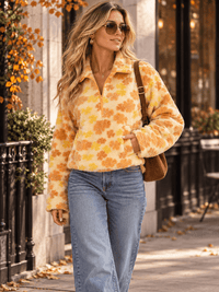WOMEN'S LONG SLEEVE ZIP UP FRONT POCKETS FLORAL SHERPA PULLOVER SWEATER