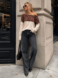 WOMEN'S LONG SLEEVE OFF SHOULDER ANIMA PRINT CONTRAST TOP