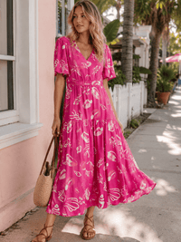 WOMEN'S SHORT SLEEVE V-NECK ELASTIC WAIST MULTI PRINT MAXI DRESS