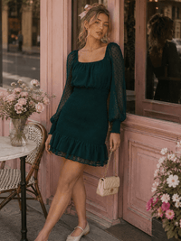 WOMEN'S LONG SLEEVE SQUARE NECK SMOCK WAIST SWISS MINI DRESS
