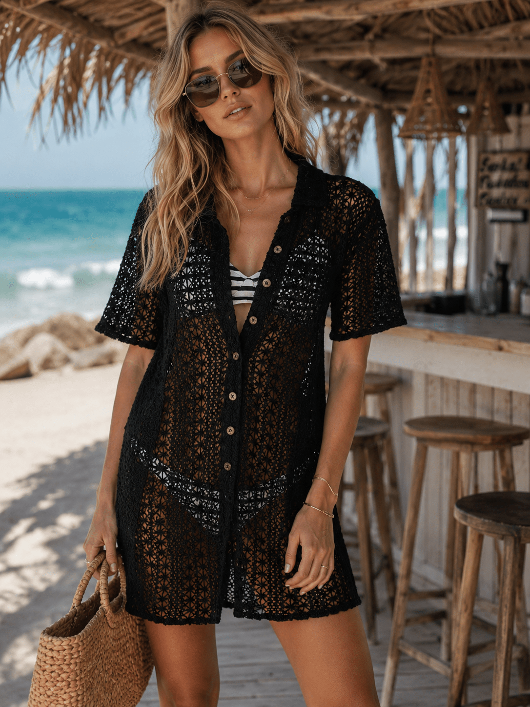 crochet button up dress women's short sleeve front pocket cover up mini Summer dress Women's size:16 021825-1 Which boho style dress the Solace comes with
