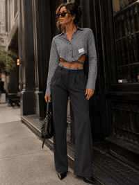 WOMEN'S LONG SLEEVE CROP TOP & BUTTON CLOSURE PANTS COLORBLOCK 2PC. SET