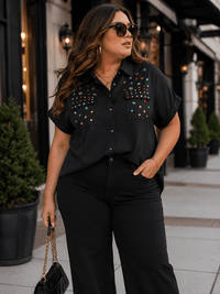 PLUS SIZE SHORT SLEEVE BUTTON UP FRONT POCKETS HIGH-LOW STUDS BLOUSE