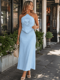 WOMEN'S SLEEVELESS HALTER NECK OPEN BACK CROCHET DETAILED MAXI DRESS