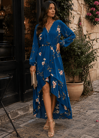 WOMEN'S LONG SLEEVE SURPLICE ELASTIC WAIST HIGH-LOW FLORAL MAXI DRESS