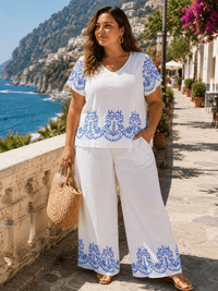 PLUS SIZE SHORT SLEEVE BLOUSE & ELASTIC WAIST PANTS MULTI PRINT 2PC. SET