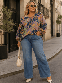 PLUS SIZE LONG SLEEVE BUTTON UP FLORAL PRINT TOP