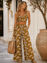 WOMEN'S SLEEVELESS V-NECK SMOCK CROP TOP & ELASTIC WAIST POCKETS STRAIGHT LEG PANTS LEAF CROCHET 2PC. SET