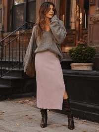 WOMEN'S ELASTIC WAIST SIDE SLIT RIBBED MAXI SKIRT