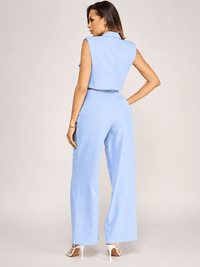 WOMEN'S SLEEVELESS BUTTON CLOSURE BLOUSE & BUTTON CLOSURE POCKETS WIDE LEG PANTS 2PC. SET
