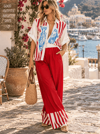 WOMEN'S SHORT SLEEVE BLOUSE & ELASTIC WAIST WIDE LEG PANTS MULTI PRINT 2PC. SET
