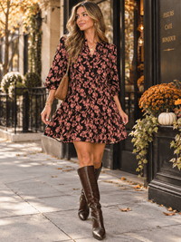 ENTRO WOMEN'S LONG SLEEVE V-NECK FLORAL PRINT MINI DRESS