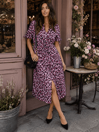 WOMEN'S SHORT SLEEVE V-NECK BUTTON UP SELF TIE FRONT POCKETS ANIMAL PRINT MIDI DRESS